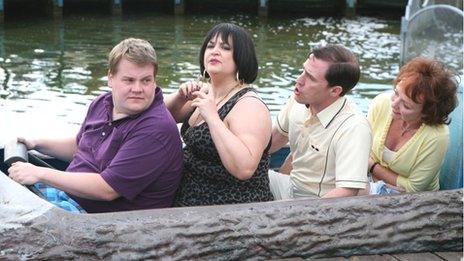 James Corden as Smithy, Ruth Jones as Nessa, Rob Brydon as Bryn and Melanie Walters as Gwen on the Barry Island log flume in Gavin and Stacey