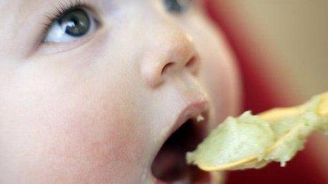 Baby being fed using a spoon