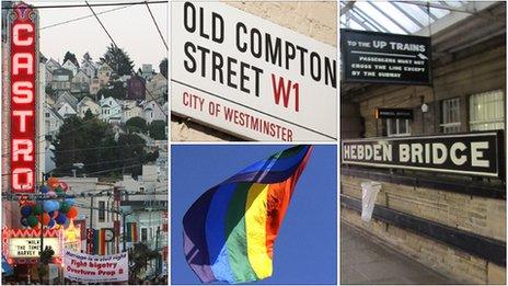 San Francisco's Castro District, Old Compton Street in London's Soho, Hebden Bridge rail station, Gay Pride flag