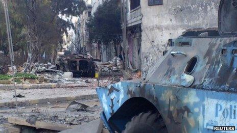 Aftermath of clashes between Syrian security forces and armed rebels in Khaldiya district of Homs (6 February 2012)