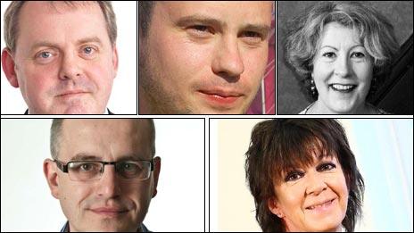 Guto Bebb, Rhys Iorwerth, Gwyneth Lewis, Simon Brooks a Meri Huws