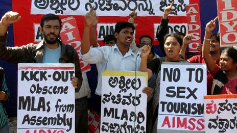 Activists of All India Democratic Students Organisation (AIDSO) stage a protest against the three BJP ministers of Karnataka involved in a pornography row in Bangalore - 8 February 2012