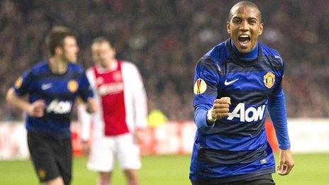 Ashley Young celebrates scoring Manchester United's first goal against Ajax