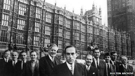 Lord Hooson (centre, right of Jeremy Thorpe) outside Westminster in the 1960s