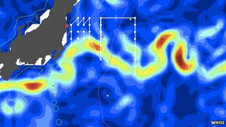 Research cruise track (WHOI) superimposed on the Kuroshio Current (yellow and red)