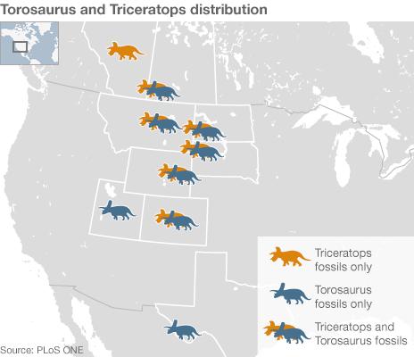 A map showing geographical distribution of Triceratops and Torosaurus fossils