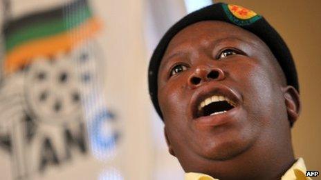 ANC's Youth Leader Julius Malema addresses supporters in Thaba Nchu, some 50 kilometres outside Bloemfontein on 6 January 2012, during a visit to mark South Africa's ruling African National Congress centenary.