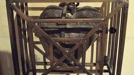 The iron container holding the preserved heart in Christ Church Cathedral, Dublin.