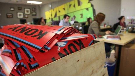 A box full to the brim with KONY 2012 campaign posters at Invisible Children's HQ
