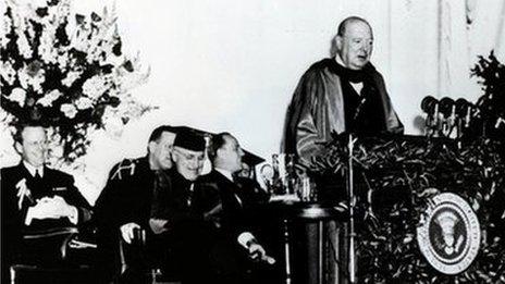 Winston Churchill on the podium at Westminster College, in Fulton, Missouri