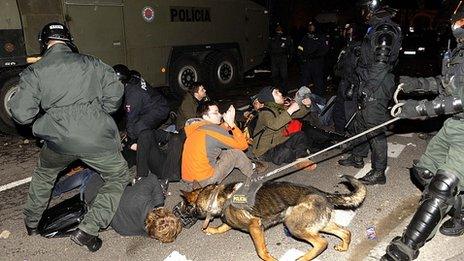 Police arrest protesters in Bratislava. 9 March 2012