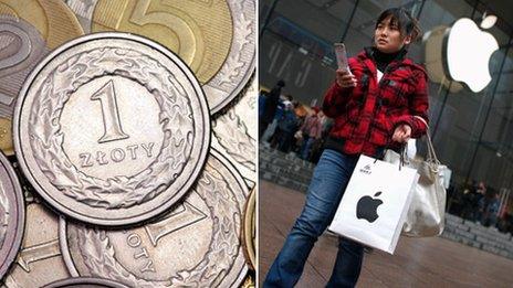 Some Polish coins (l) and a woman walking out of an Apple shop (r). THINKSTOCK/Reuters