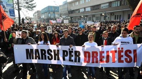 Ethnic Albanians protest against police violence in Gostivar on 1 March 2012