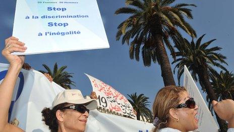 Moroccans attend a rally in favour of women's rights in the new constitution in Rabat on September 19, 2011.