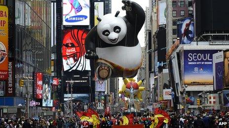 A balloon of Kung Fu Panda floats in Times Square, New York, in 2010