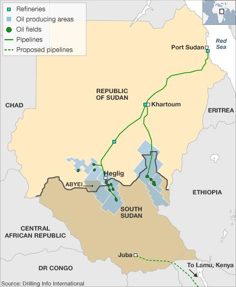 A map showing South Sudan and Sudan's oil fields
