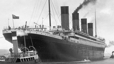 Titanic being tuggest out to sea