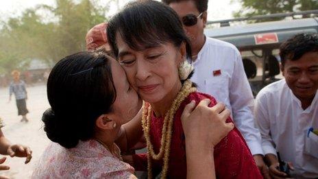 Aung San Suu Kyi visits her constituency in the Kawhmu Township, 1 April 2012
