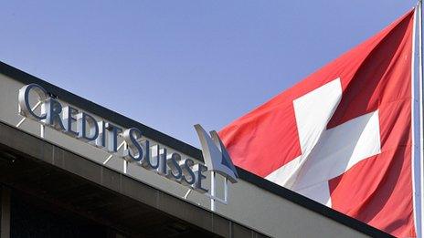 Credit Suisse sign and Swiss flag - file pic