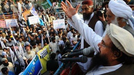 Hafiz Saeed at a rally in Lahore, Pakistan, on 9 March 2012