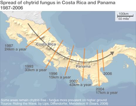 Map showing progress of chytrid fungus through Costa Rica and Panama