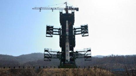 A Unha-3 rocket is pictured at Tongchang-ri launch site on 8 April 2012