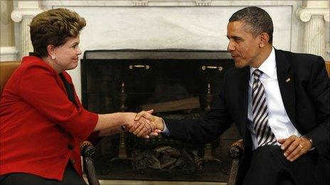 US President Obama and Brazil's Dilma Rousseff meeting at the White House, April 2012