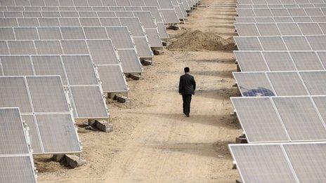 Man walking through a solar power array (Image: Reuters)