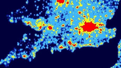 A map showing light pollution hotspots in England and Wales