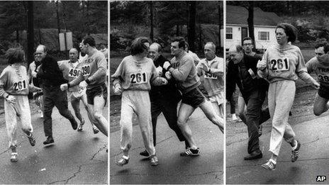 Kathrine Switzer being chased and pushed by race officials at the Boston Marathon, 19 April 1967