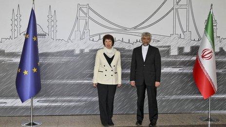 Iran's Chief Nuclear Negotiator Saeed Jalili, right, and EU Foreign Policy Chief Catherine Ashton pose for cameras before their meeting in Istanbul, Turkey, 14 April 2012