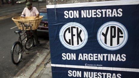 Sign reads CFK (Cristina Fernandez de Kirchner), YPF are ours, are Argentine