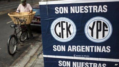 Sign reads CFK (Cristina Fernandez de Kirchner), YPF are ours, are Argentine