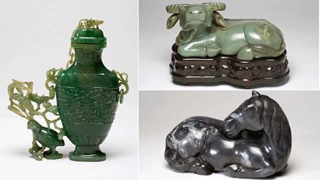 A jade vase and recumbent buffalo and horse