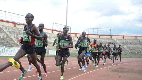 Kenyan athletes run the men's 10,000m on 17 April 2012 at the Nyayo national stadium in Nairobi during the pre-trials ahead of 2012 London Olympics