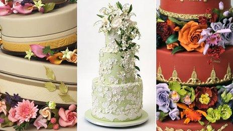 Three close-ups of wedding cakes