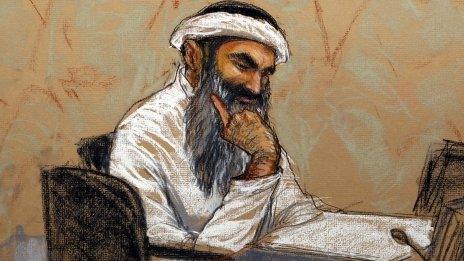 Sketch by courtroom artists of Khalid Sheikh Mohammed during the arraignment hearing in Guantanamo, 5 May.