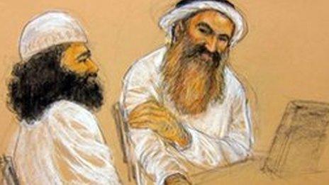 Court sketch of Waleed Bin Attash, (L) and Khalid Sheikh Mohammad
