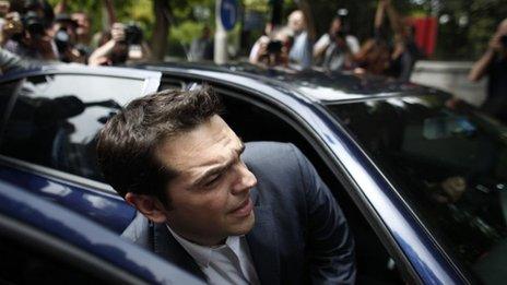 Syriza leader Alexis Tsipras leaving the presidential palace in Athens (8 May)