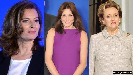 Valerie Trierweiler (L), Carla Bruni in 2008 (C) and Bernardette Chirac in 1996s