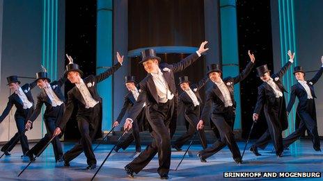 Tom Chambers (Jerry Travers) and the Male Ensemble of Top Hat. Photo Credit Brinkhoff and Mogenburg