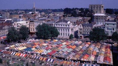 View of Norwich market place and castle