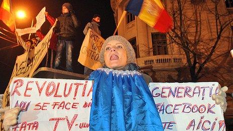 Protest in Bucharest - sign reads 'Facebook generation is here'