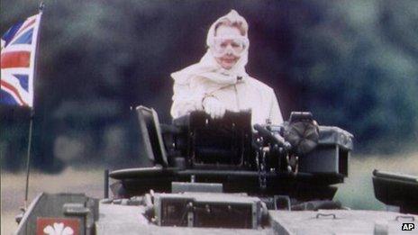Margaret Thatcher riding a British Army Challenger tank at a Nato base in Germany in 1986