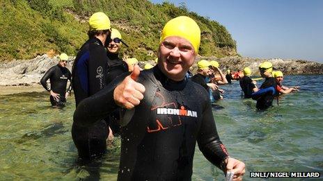 Steve McFadden taking part in the Castle to Castle swim for the RNLI