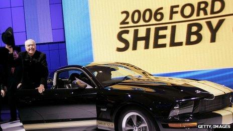 Car designer Carroll Shelby with a 2006 Shelby Mustang at the 2006 New York International Auto Show