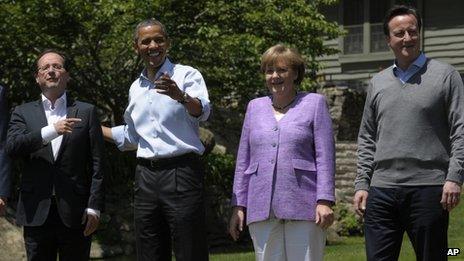 Francois Hollande, Barack Obama, Angela Merkel and David Cameron, at the G8 summit, Camp David (19 May)