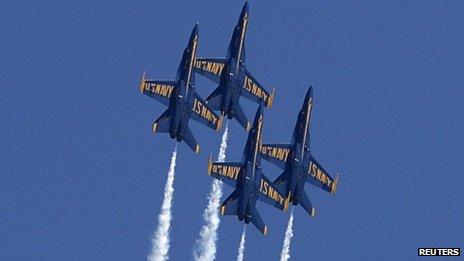 US Navy Blue Angels fly in formation at the Andrews Air Show, Maryland 19 May 2012