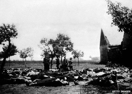 Bodies from the Lidice massacre are laid out for burial, June 1942