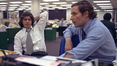 Bob Woodward, right, and Carl Bernstein in the Washington Post newsroom, 7 May 1973